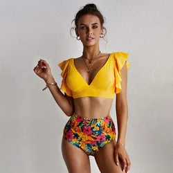 2022  Summer Ruffle V-Neck Split Swimsuit Female Triangle Print Swimsuit Bikini