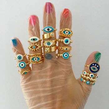 Fashion Ethnic Drop Oil Demon Eyes Gold Plated Rings For Women Boho Blue Eye Finger Open Adjustable Evil Eyes Rings Fine Jewelry