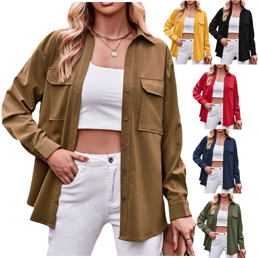 2023 Women Autumn Double Pocket Loose Long Sleeve Solid Color Shirts Tops Clothes Cardigans Europe Lady New Fashion Casual Shirt