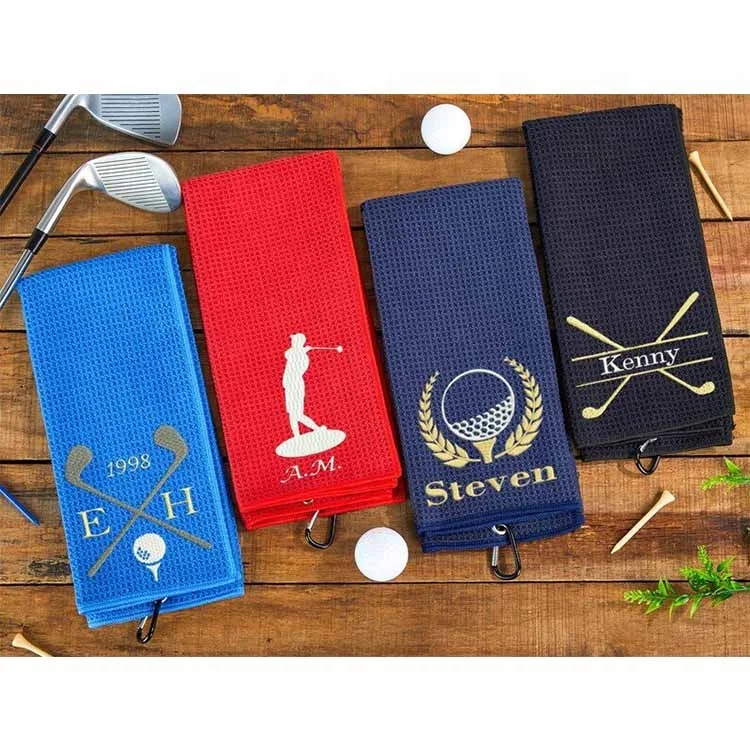 product custom logo microfiber waffle custom embroidered golf towels red golf towel with carabine-6