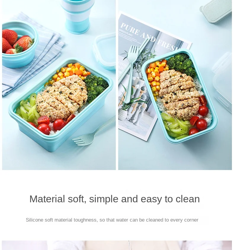 Folding Silicone Lunch Box Portable Crisper Microwave Oven Bento Box Plastic Square Lunch Box Refrigerator Storage Box Wholesale