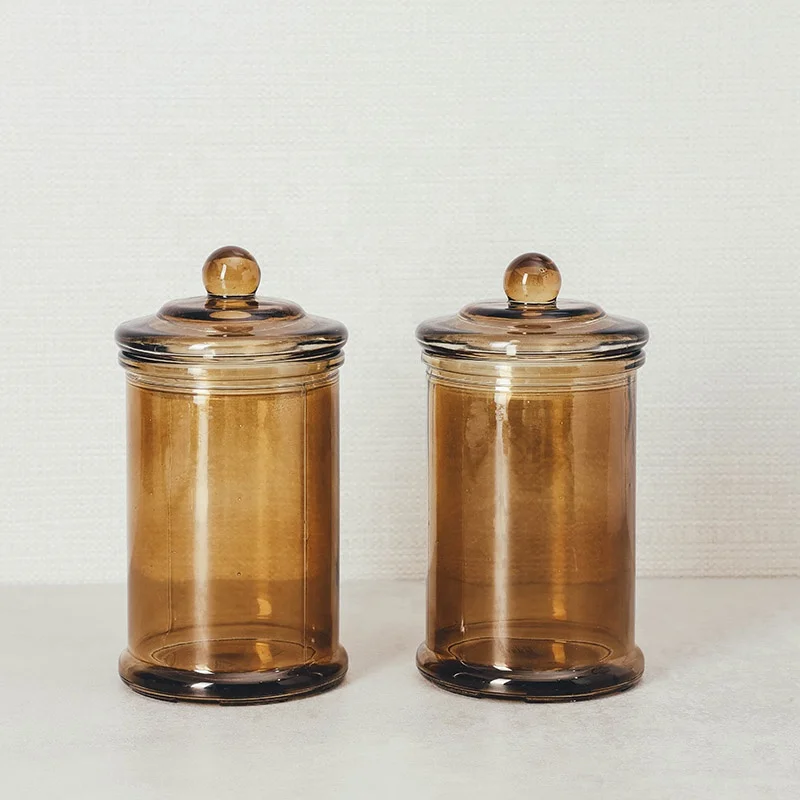 Round 150ml 350ml 750ml Amber Glass Straight Side Kitchen Storage Container Jar Airtight With Glass Lid