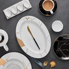 Ceramic Ceramic Plate Nordic Creative Black Gold Pattern 14" Bone China Oval Flat Plate Ceramic Serving Tray