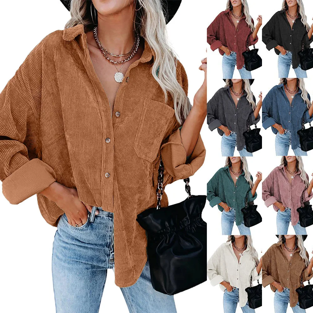 Women's Corduroy Casual Loose Pocket Long Sleeve Jacket and Coat Quick Dry for Winter with down Filling