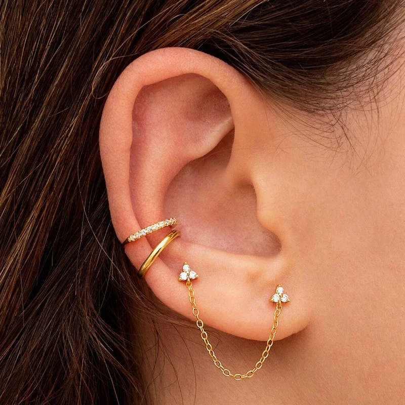 R.gem. Pvd Gold Plated Minimalist Dainty Double Piercing Flower Shaped Stud  Dangle Drop Cuff Earrings With Chain - Buy Cuff Earrings With Chain,Double  Piercing Earrings,Cuff Earrings Product on