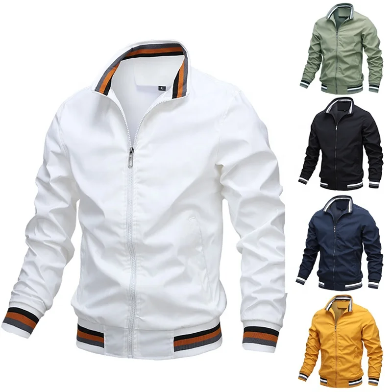 Men's Casual Solid Color Jacket Men Zipper Stand Collar Cotton Jacket Slim-Fit Simple and Versatile Jacket with Pockets