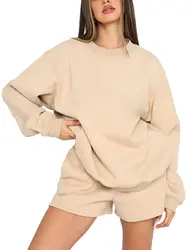 Ying Tang Custom Autumn Hot Sale Pullover Crewneck Plain Loose Casual Fashion Shorts Sweatshirt Set For Women OEM/ODM