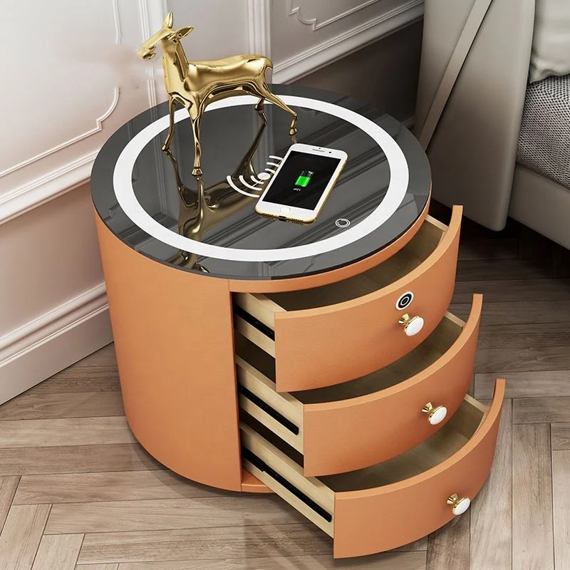 Luxury Smart Nightstand Phone Watch Wireless Charger Side Table Round Wooden Bedside Table With Led Light