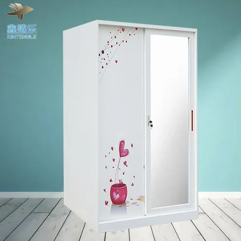 Flower Print Storage Cabinet Stainless Steel 2-Door Bedroom Furniture Sliding Metal Wardrobe with Lemari Besi