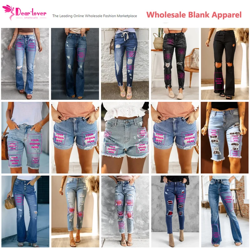 Dear-Lover 2023 Ladies Jean Manufacturers Blank Apparel Private Label Custom Logo Designer Distressed Ripped Flare Jeans Women
