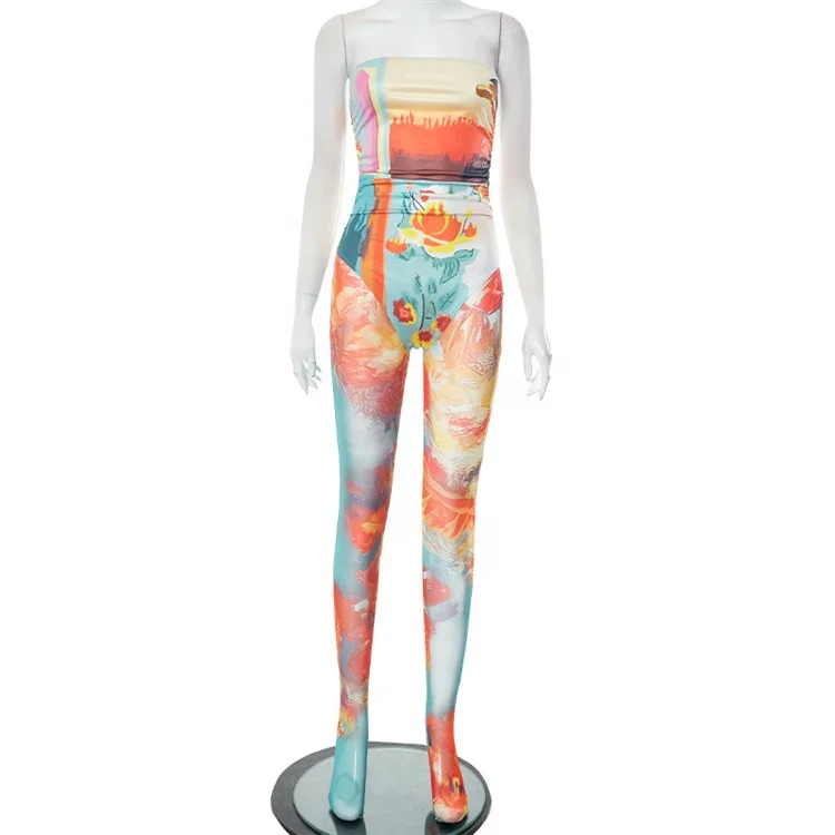 Colours Print Mesh Bodycon 2 Two Piece Sets Summer Outfits For Women Streetwear Y2k Pants Sets