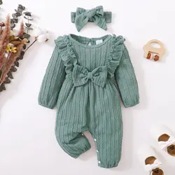 2023 Ins Baby Autumn Dolid Color Cotton Baby Girls Jumpsuit With Hairband Newborn Infant Toddler Onesies Baby Rompers