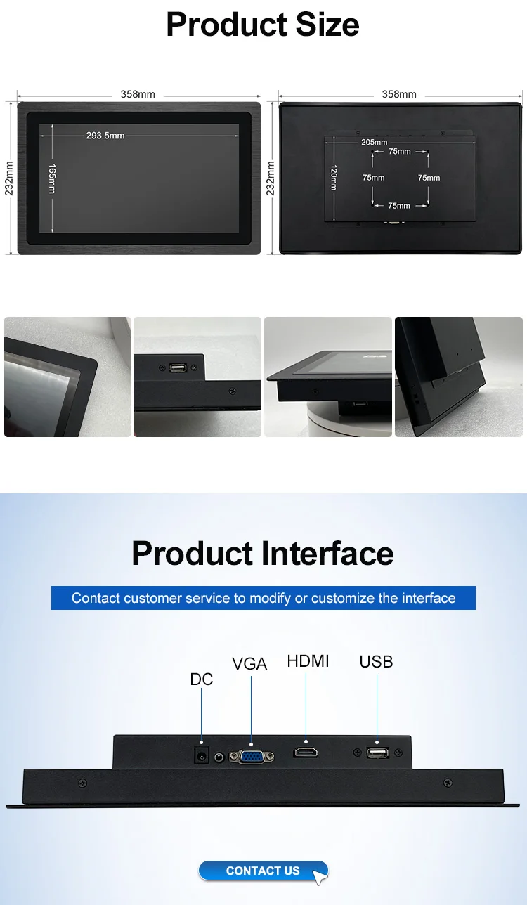 13.3 Inch HD Capacitive Touch Industrial Monitor IPS 1600*900/1920*1080 Multi Touch DVI TFT Embedded Pure Flat Monitor