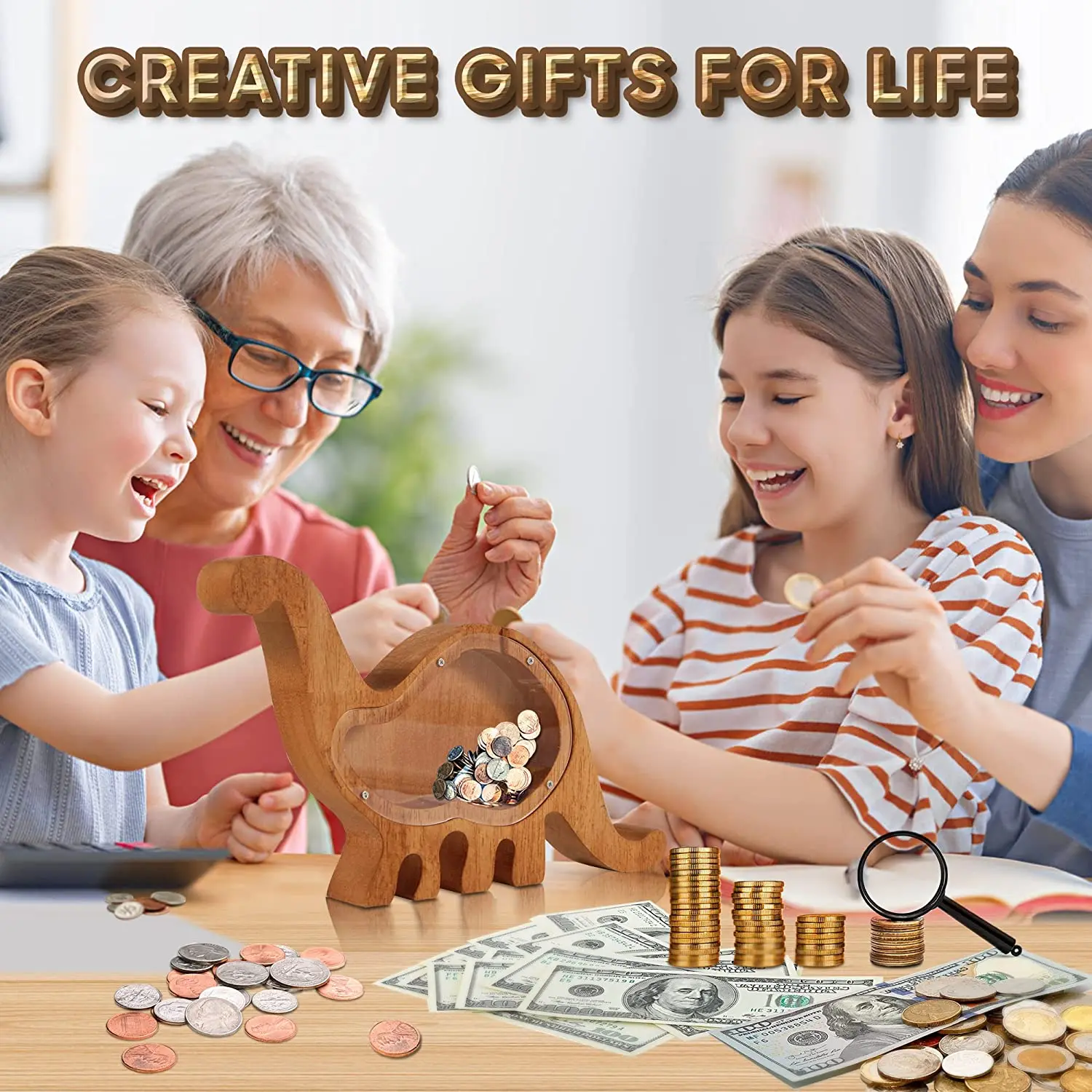 Custom Wooden Cartoon Transparent Piggy Coin Bank Kids Money Saving Storage Cash Collecting Box Safe Surprise Gift