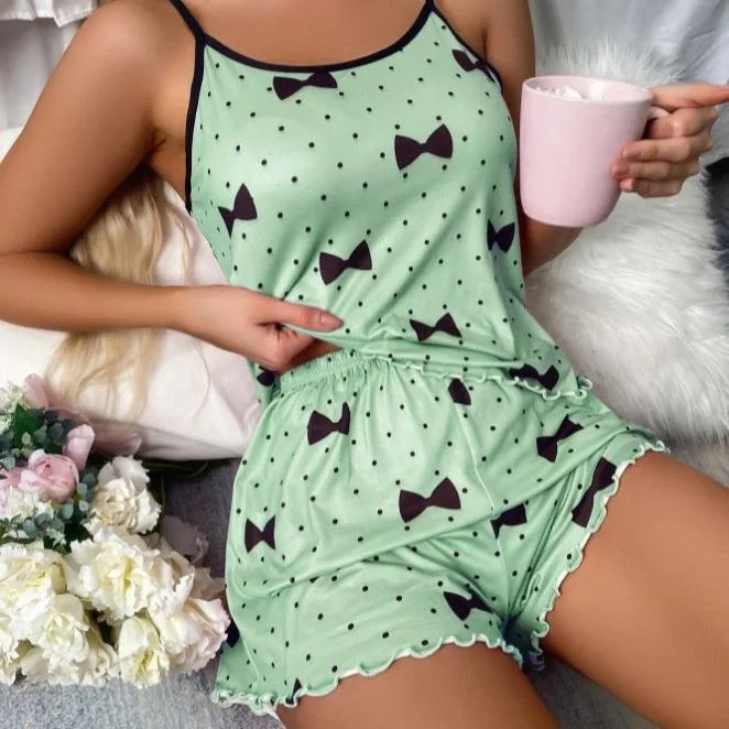 European American Women's Two-Piece Summer Pajamas Set Casual Sexy Camisole Shorts Solid Home Wear
