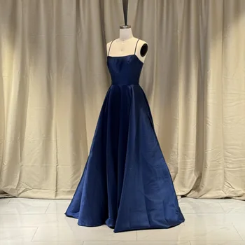 2025 Elegant Blue Satin Ball Gown Women Long Summer Sleeveless Bridesmaid Prom Dress Sexy Backless Embroidery Pattern Wedding