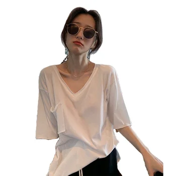Women's Summer Casual Loose Pocket Top White Bamboo Cotton Curling Design O-Neck Top Lazy Feeling On-Trend Short Sleeve T-Shirt