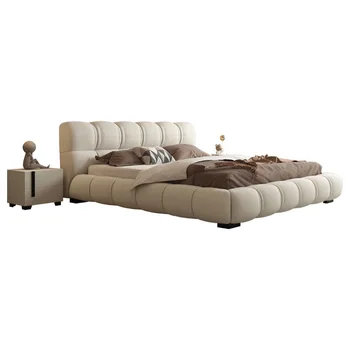 Large Double The Bed with Cream Style Storage Wooden Frame Extendable Feature Soft Pack Bed Room Set Furniture