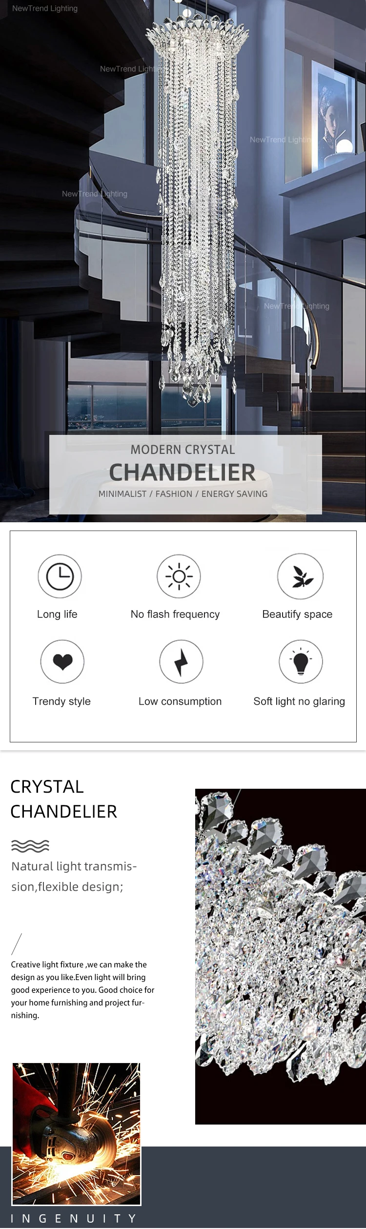 CPL-112 Modern Indoor Decoration Large Project Hotel Lobby Villa Staircase Luxury Crystal Chandelier details