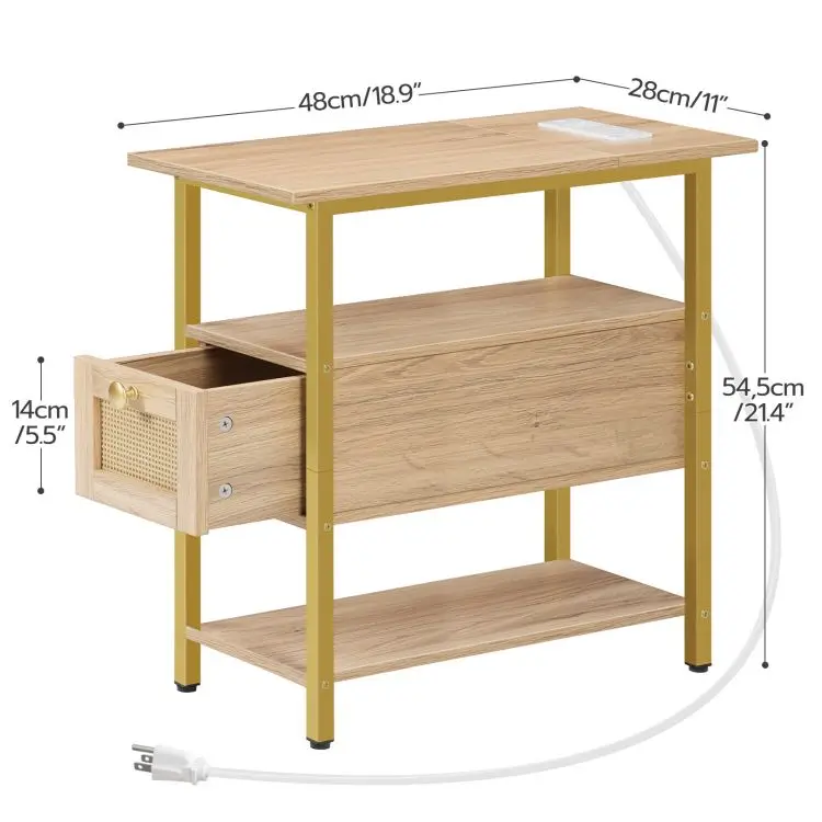 Rattan Beige 1 Drawer Bedside Table Bedroom Furniture Wooden Narrow Nightstand Bedside Cabinet With Charging Station Usb Ports