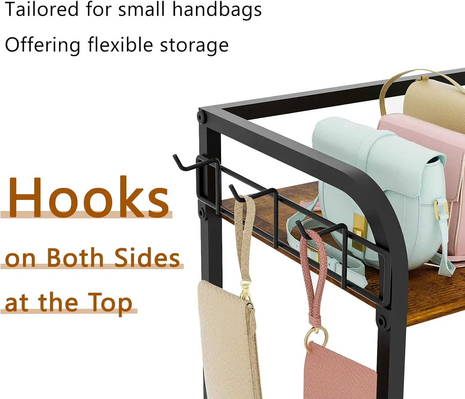 New arrival Wood 3-Tier Floor-Standing Purse Holder with Side Hooks and Baskets Purse Organizer