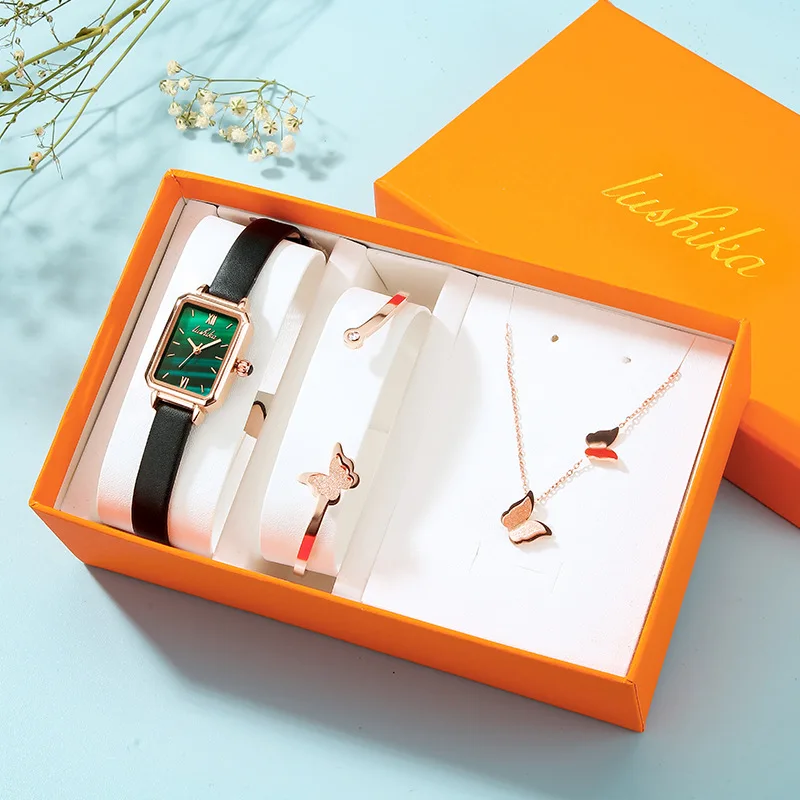 Watch Set Fashion Trend Quartz Small Gold Watch Gift Box Set Include Watch Necklace Ring Bracelet Earrings