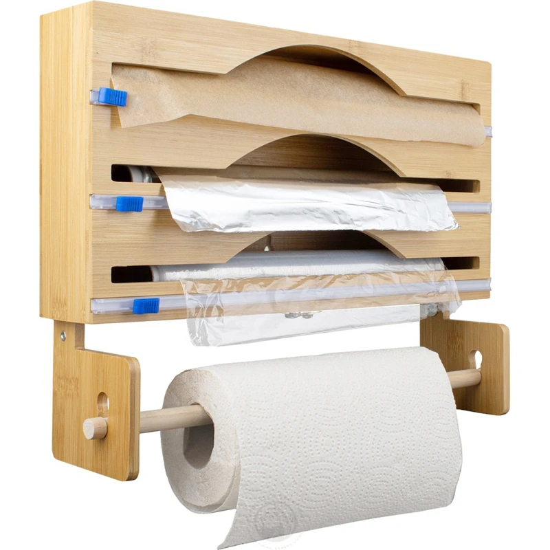 4 in 1 Suitable for 3 Rolls of Foil  Wall Mount Natural Bamboo Wood Kitchen Roll Holder and Foil Holder