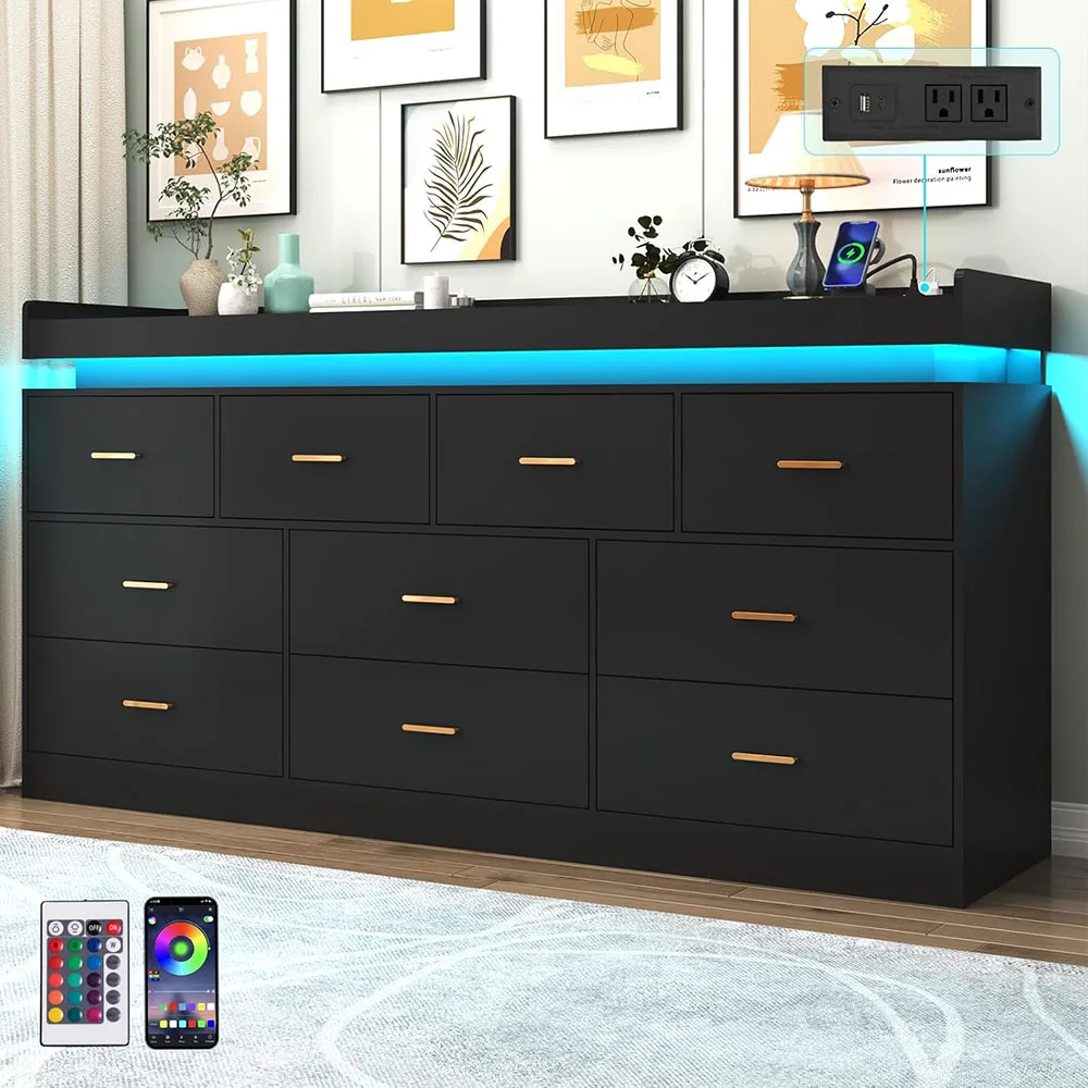 product 10 drawer wood dresser led light charging station modern chest drawers closet wide drawer organizer cabinet living room entryway-2