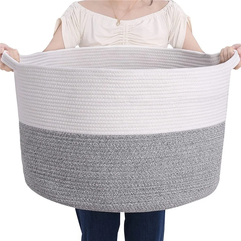 Handmade Foldable Cotton Rope Blanket Basket for Living Room Laundry Hamper Nursery Basket