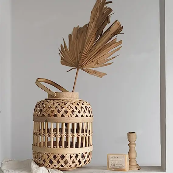 Vintage Decorative Lantern with Handle Home Decor Tulum Bamboo Woven Lantern Latern