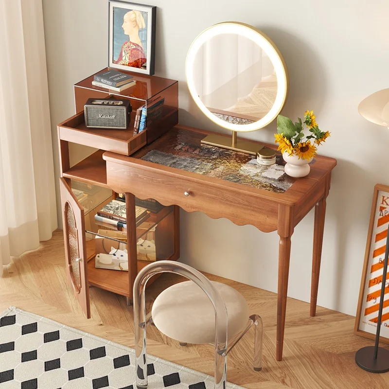 Vintage Telescopic Vanity Table Glass Top Smart LED Mirror Bedroom Dresser Solid Wood Makeup Dressing Table