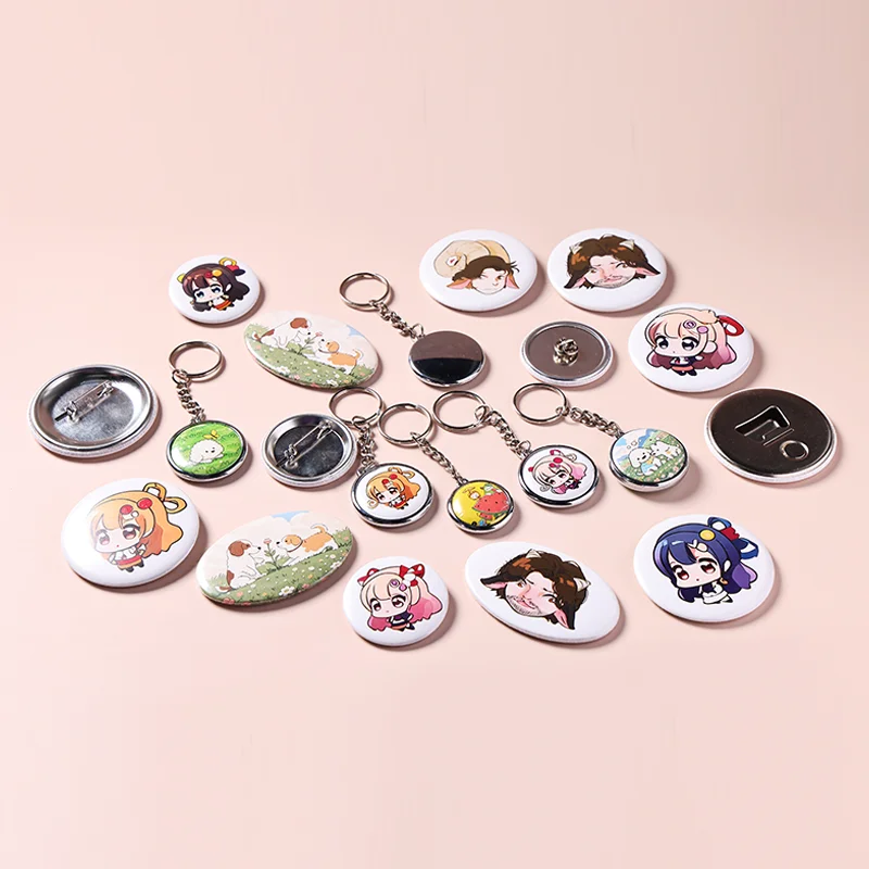 Custom 50mm Round Anime Magnet Button Pin Badge UV Printing Metal Safety Pin manufacture