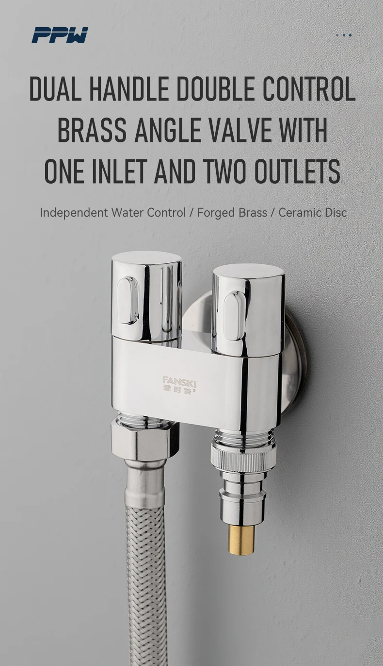 Hot Selling Brass 1 in 2 Out Angle Valve Double Handle Shunt Faucet Diverter New Design 3-Way Gun Grey Bathroom Kitchen Hotel details