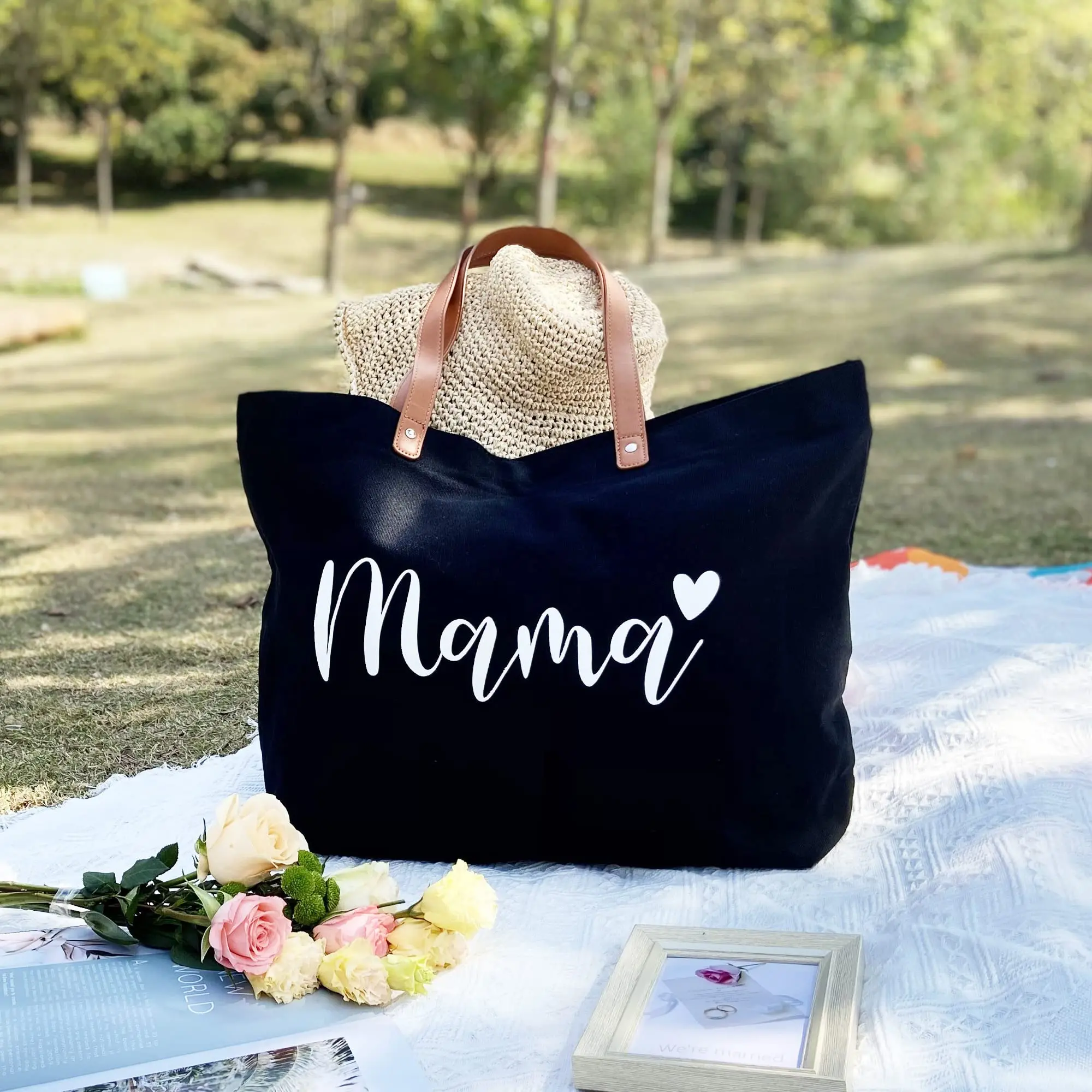 Customizable Leather Handle Tote Bag Reusable Hospital Shopping Beach Travel Cotton Canvas Mama Bag with Custom Logo Pattern factory