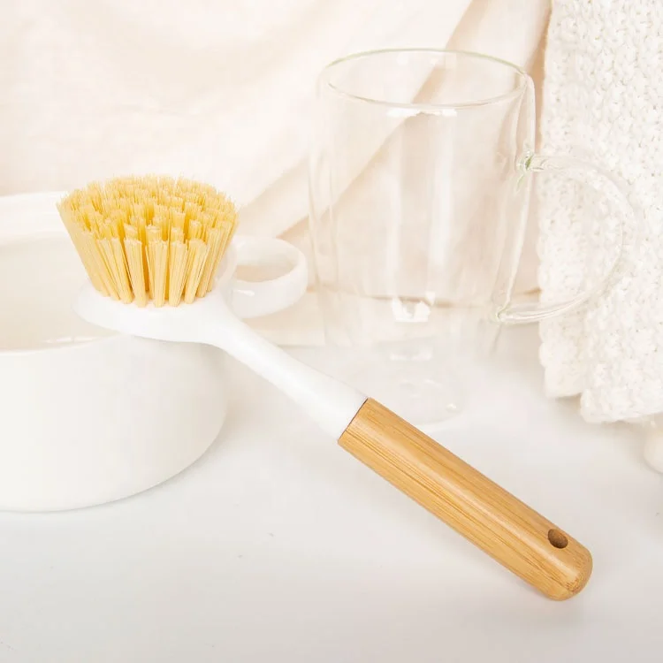 Gloway Manufacturer Natural Bamboo Handle Built-in Scraper Sink Cleaning Pan Scrubber Long Handle Kitchen Pot Washing Brush