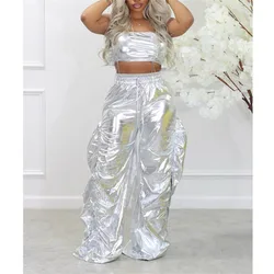 Summer Outfits Clothes Streetwear Gold silver 2 Two Pieces Sets 2023 Strapless Crop Tops Baggy Ruched Pants Suits