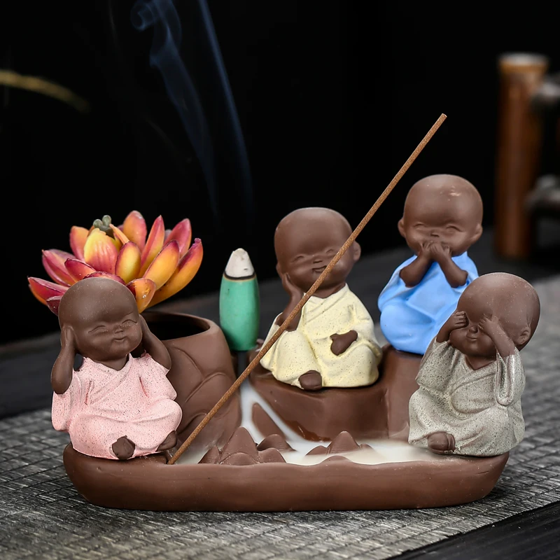 Ywbeyond ceramic Censer 4 monks waterfall backflow Incense Cones Burner Home Decoration Sticks Incense Holder