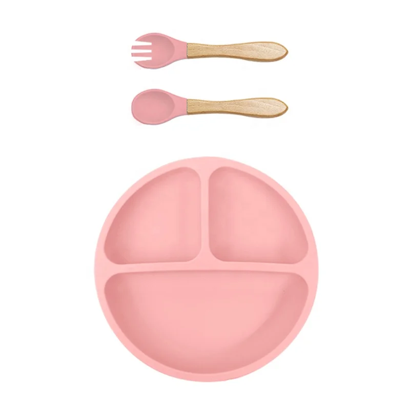 Wellfine BPA Free Silicone Baby Plate Set Baby Learn to Eat Dinner Training Fruit Spoon Fork Set Baby Feeding Set