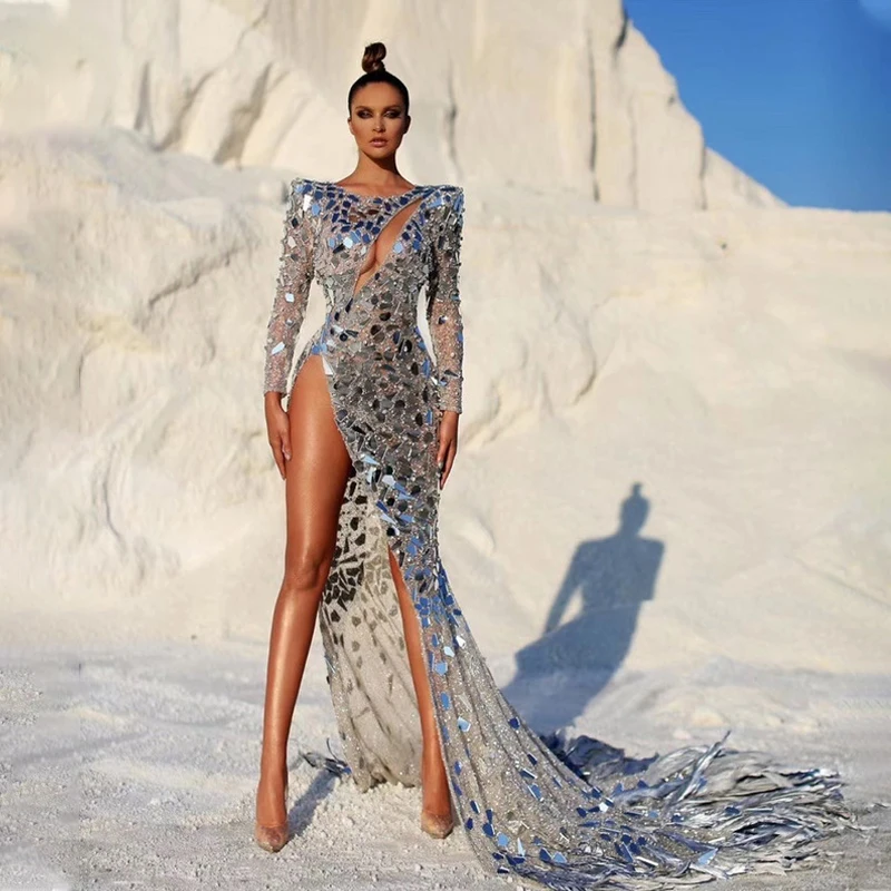 Sexy Formal Dresses - Elegant Outfit For Women Silver Sequin Feather Tailing Formal Gowns Women Evening  Dresses Sexy High Split Porn Night Club Dress - Buy Elegant Outfit For  Women,Formal Gowns Women Evening Dresses,Porn Night Club