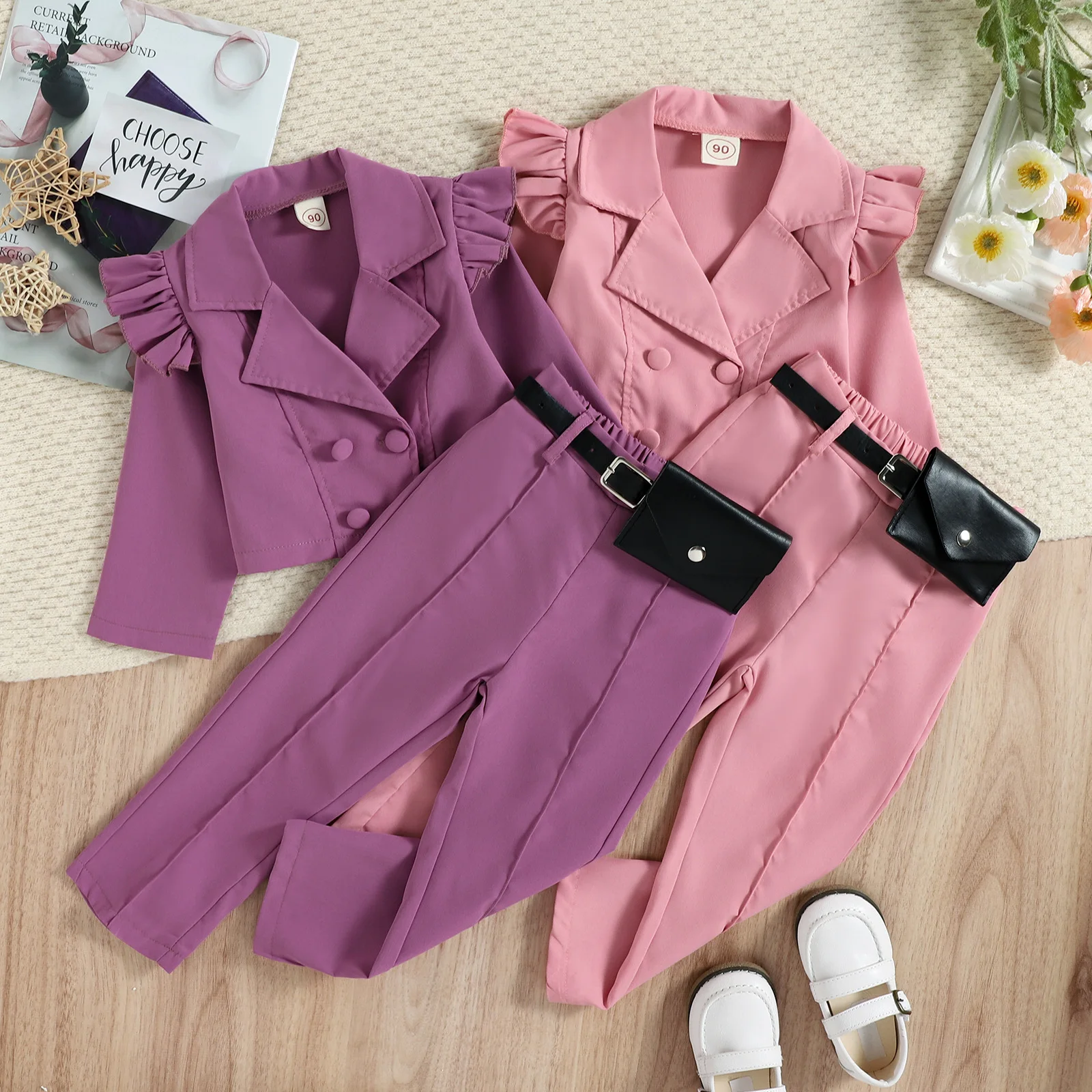 Girls clothes 2022 new autumn suit collar top pants two-piece fashion candy color girls's clothing sets with waist bag
