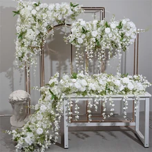 White Artificial Lily of the Valley Flower Runner Hanging Decor Rose Flower Runner Row for Wedding Table Backdrop Decoration