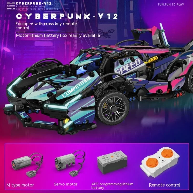 Cyberpunk V12 Super Car Technical Blocks Brick Motor Power Drive 2.4g
