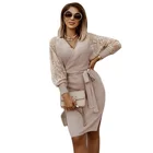 2021 Fall Sweaters Women Autumn Clothes Lace Knitted Ladies Dress Elegant Casual Dresses