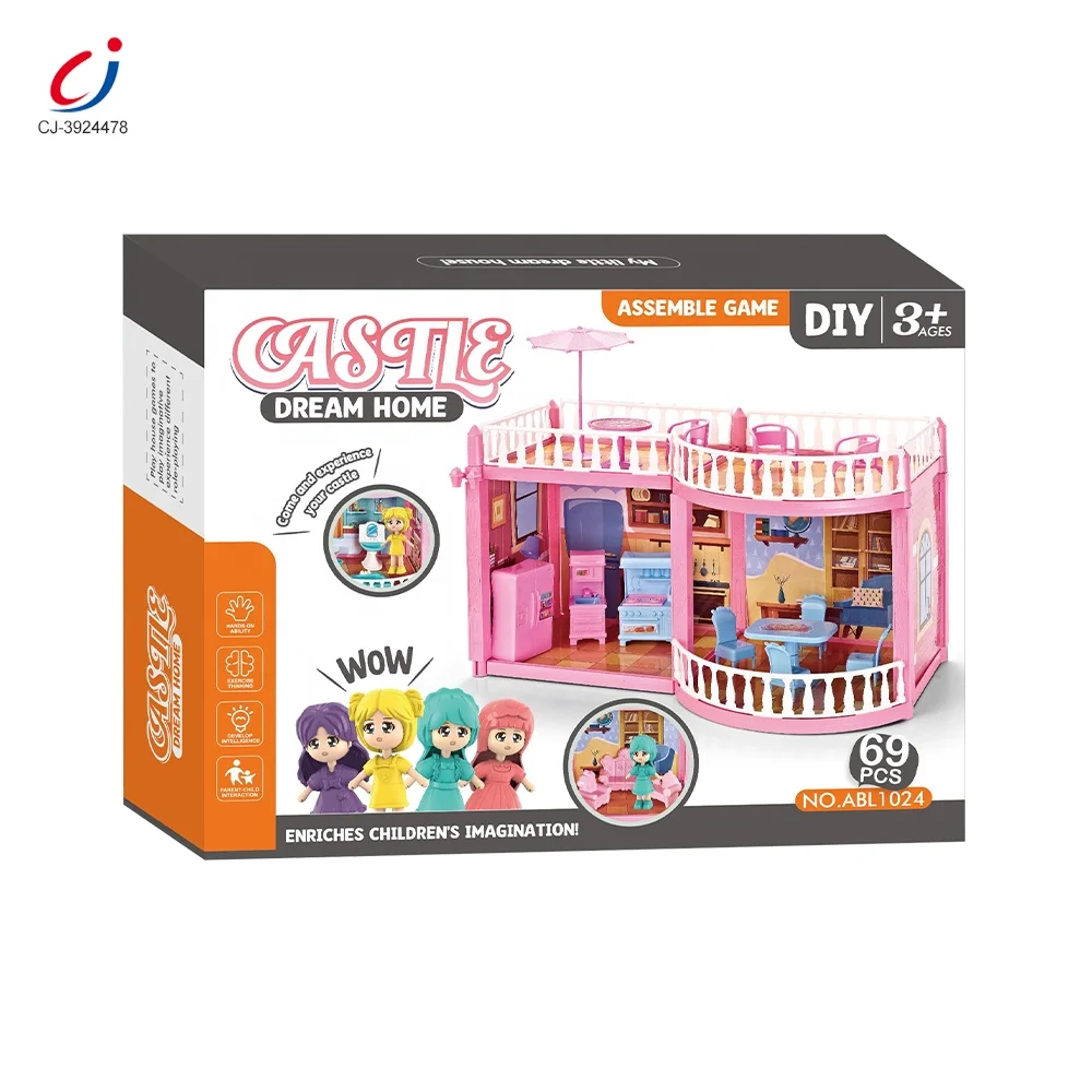 Chengji baby kids pretend play diy kits diy doll house gift plastic play building dream house girls toy diy doll house play set