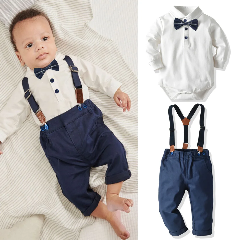 inhzoy Baby Boys Button Gentlemen Suit Cotton Long Sleeve Bodysuit Jumpsuit Romper Formal Outfit with Bowtie 