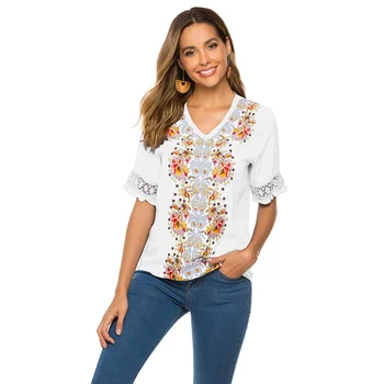 Women's Summer V Neck Boho Embroidered Mexican Shirts Short Sleeve Casual Tops Blouse