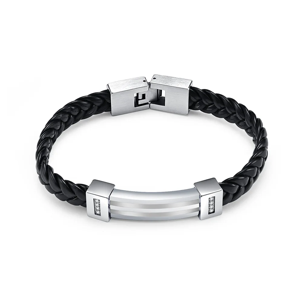 Stainless Steel Two-Color Combination Braided Leather Rope Statement Bracelet
