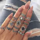 Ring Ring Set Women Bohemian Bohemian Women Ring Set 15pcs/set Retro Crystal Flower Leaves Hollow Lotus Gem Silver Ring Set