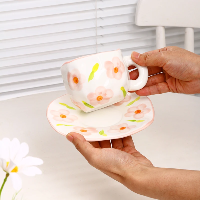 Irregular Shape Little Flower Handmade Pottery Clay Coffee Mug Cups Handmade Ceramic Porcelain Mugs supplier