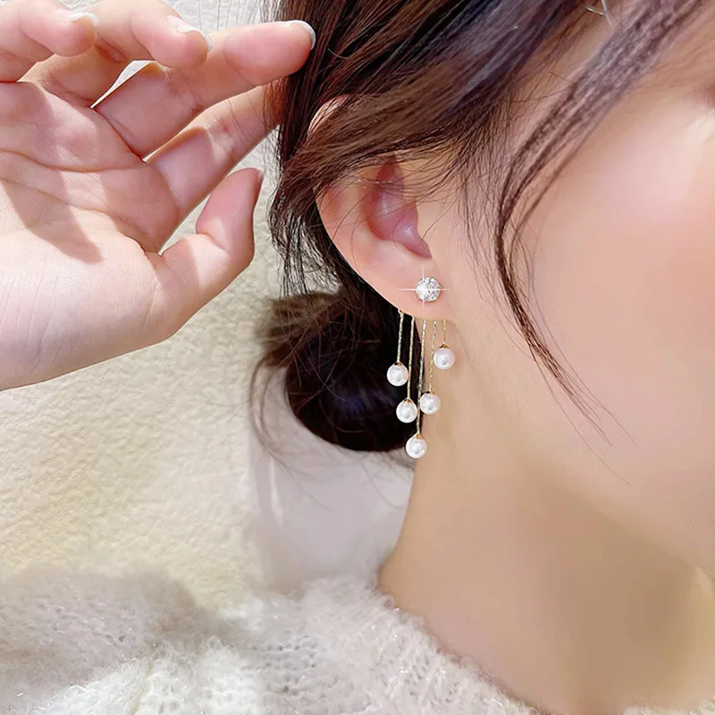 French Vintage Gold Plated Pearl Dangle Earring For Women Party Jewelry Shiny Crystal Rhinestone Stud Long Tassel Earrings 2024